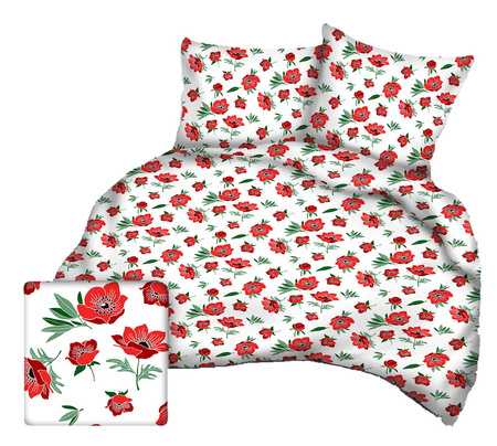 Pościel dla dziecka bawełniana 140x160 + poszewka na poduszkę 70x80 | 126red | biało czerwona | kwiaty maki